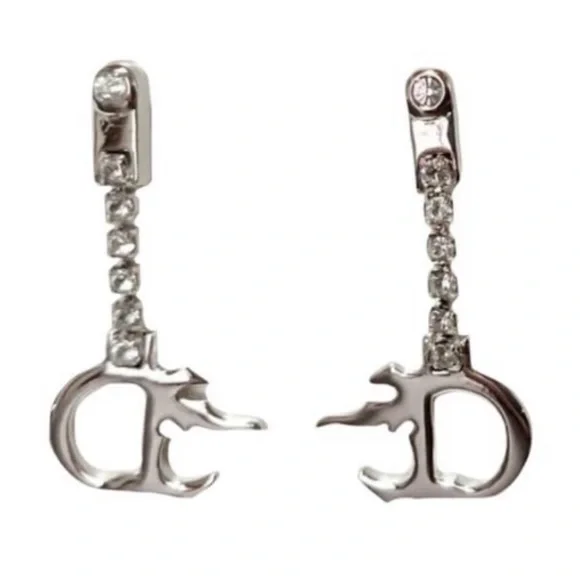 Dior John Galliano Vintage Silver Diamanté Crystal Fire ‘D’ Drop Chain Earrings - Picture 3 of 6
